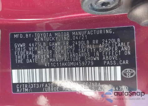 2021 Toyota Camry Le z USA, uszkodzony, nr VIN 4T1C11AK0MU459779